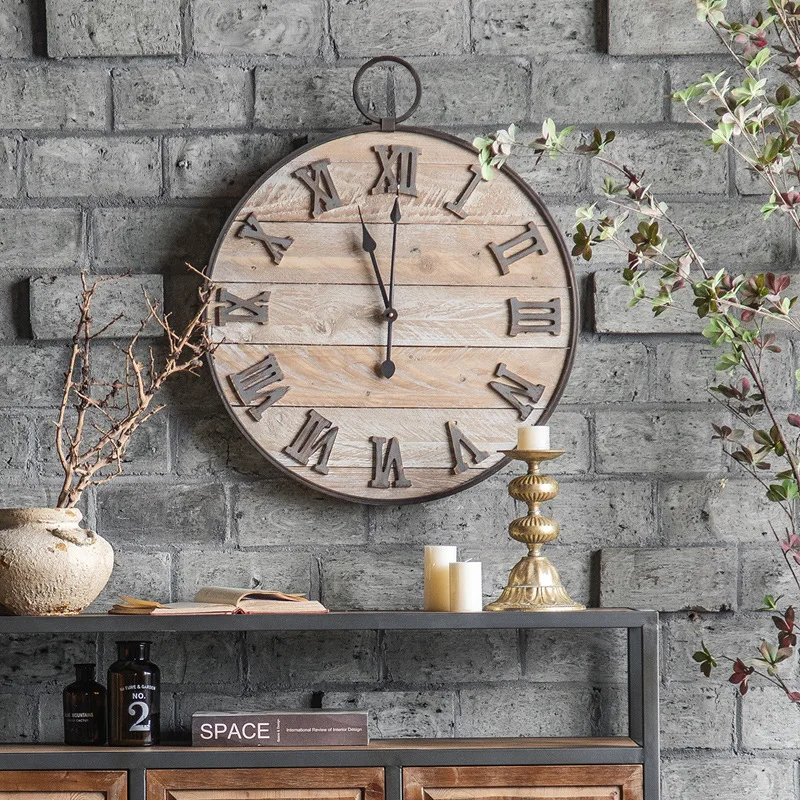

American retro wall clock wooden round old wall clock creative home bed and breakfast wall nostalgic clock decorative clock