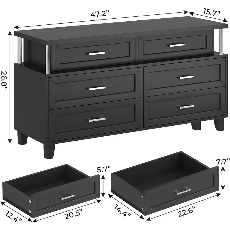 Dresser for Bedroom with 6 Drawers & Led Light, Wide Chests of Drawers with Column Design, Short Modern Dresser for Closet