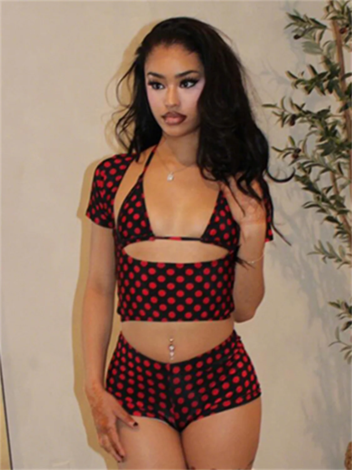 

Sisterlinda Sexy Women Polka Dot Print 2 Piece Set Hollow Bandages Low-Neck Tank Top+Bike Short Street Party Vacation Suits