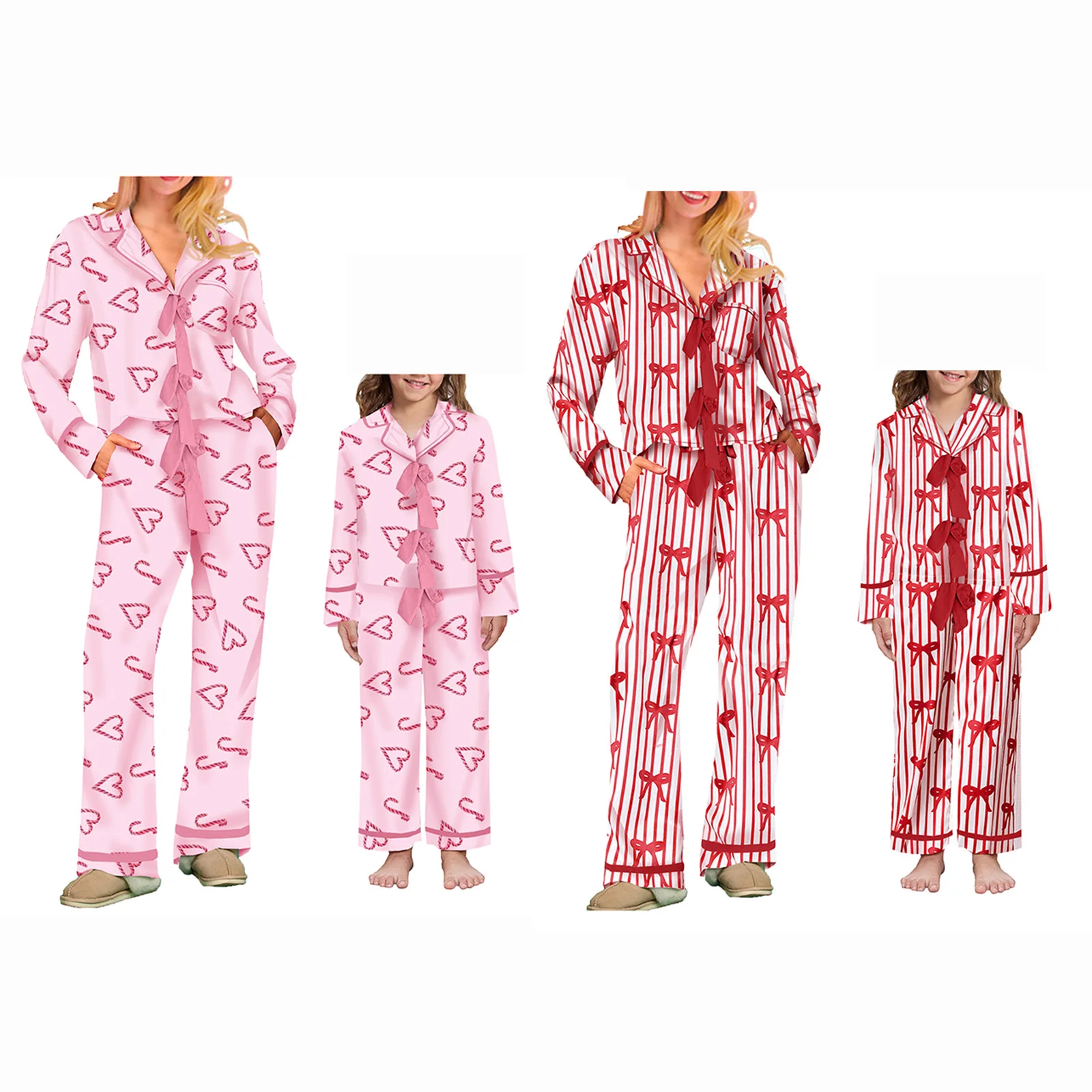 Mommy and Me Matching 2Piece Bow/Heart Print Pajamas Set Tie Front Long Sleeve Lapel Neck Tops+ Pants Family Matching Sleepwear