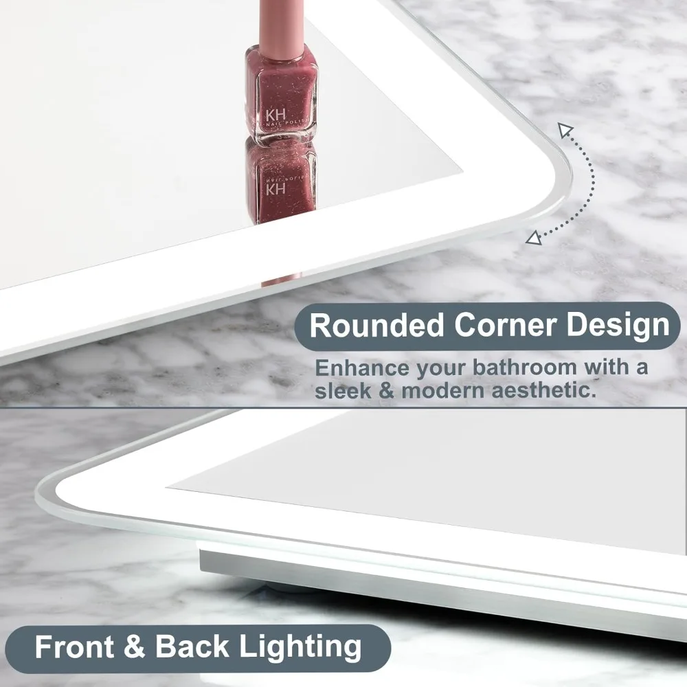 Espelho de banheiro LED regulável de 48 x 32 polegadas com iluminação frontal e traseira, bordas arredondadas, design sem moldura, três opções de cores e
