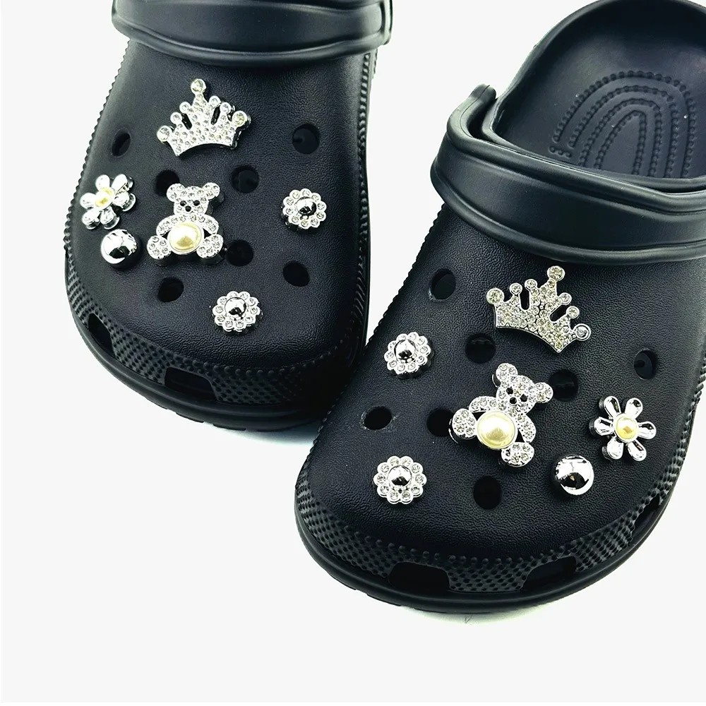 12PCS Fashion Shoe Charms Set Accessories for Sandals Clogs Shoe Buckle Silver Crown Pearl Bear DIY Shoes Decorations Gift