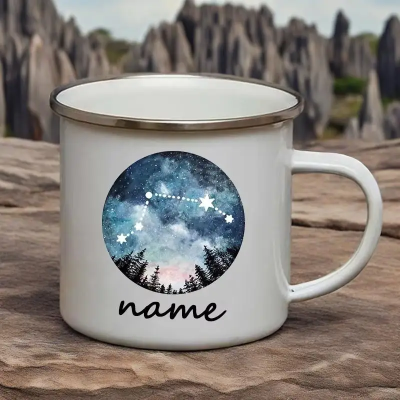 Twelve Constellations Print Custom Name Creative Camping Coffee Mug Travel Milk Tea Cup Enamel Mugs Handmade Personalized Gifts