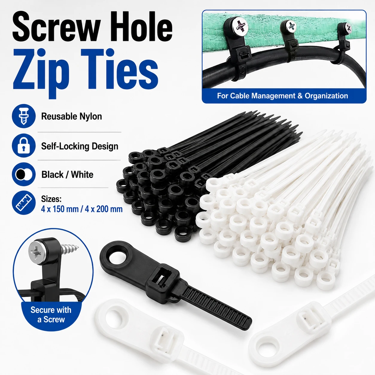 100-500PCS Screw Hole Cable Ties , Nylon Reusable Self-Locking Fixed Cord Ties Straps Fastening Loop Organizer