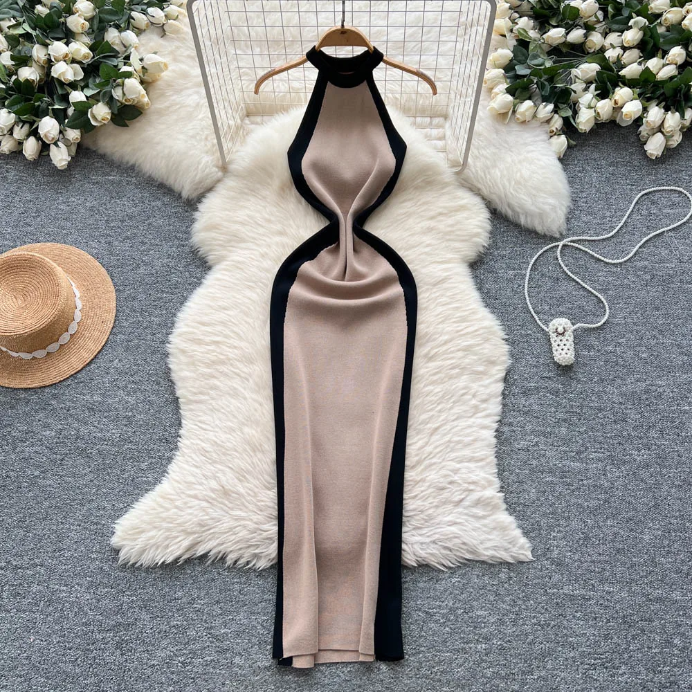 2025 Nuove donne di estate sexy senza maniche elastico con spalle scoperte abito lavorato a maglia Hit Color Patchwork Slim aderente Halter Max abito lungo