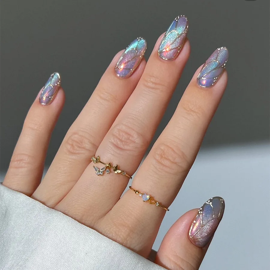 

24pcs Gradient Colorful Nails Tips Ocean Butterfly Cat's Eye Mid-length Oval False Nail Art Wearable Almond Press on Fake Nails