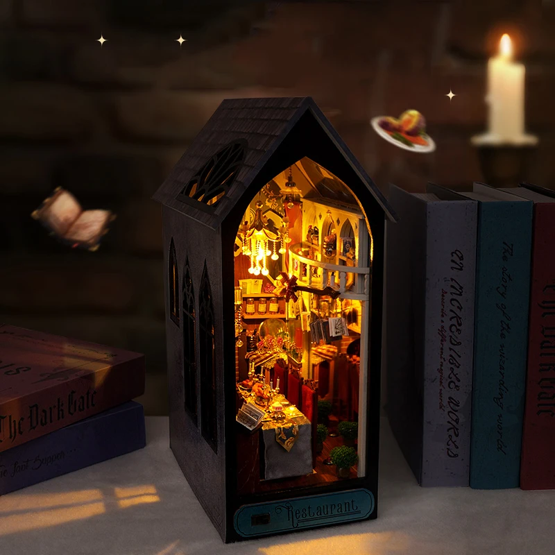 ใหม่ DIY ไม้ Magic ร้านอาหาร Book Nook ชั้นวางใส่ Miniature ชุดชั้นวางหนังสือ Light Bookend เพื่อนของขวัญวันเกิด