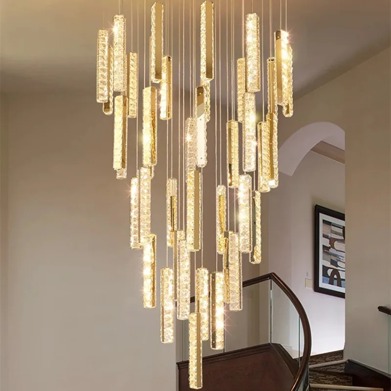 

Modern LED Crystal Chandelier K9 Crystal Stair Light Chrome Gold Duplex Spiral Stair Chandelier Dining Room Art Chandelier