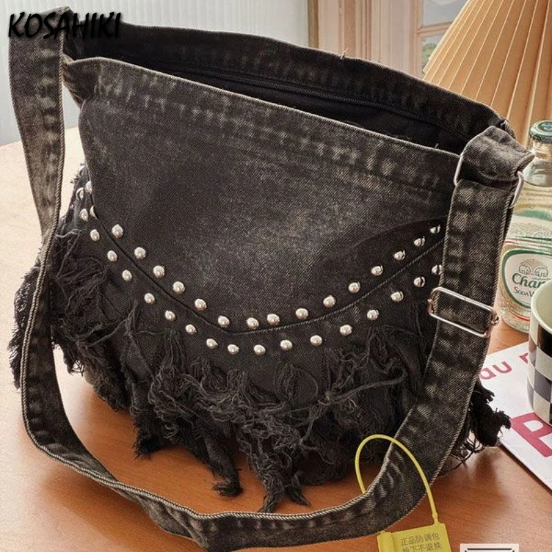 Vintage Rivet Tassel Denim Simple Shoulder Crossbody Bag Y2k Aesthetic Casual Fashion Women Handbags Grunge All Match Tote Bags