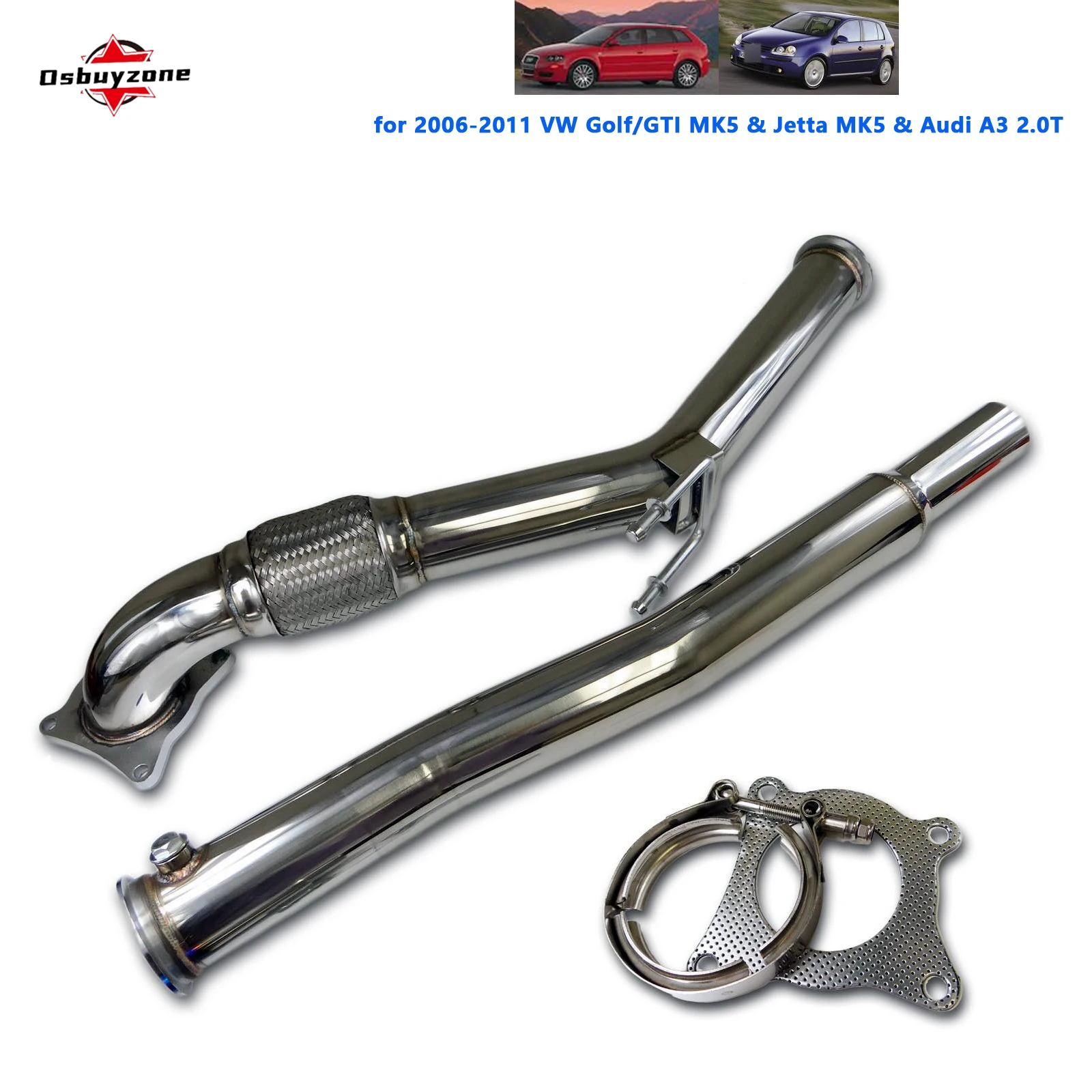 ท่อลงแคทเลสสำหรับรถยนต์ Volkswagen Golf/GTI MK5 MK6 2.0T Jetta MK5 และ Audi A3 ปี 2006-2011 ขนาด 3 นิ้ว