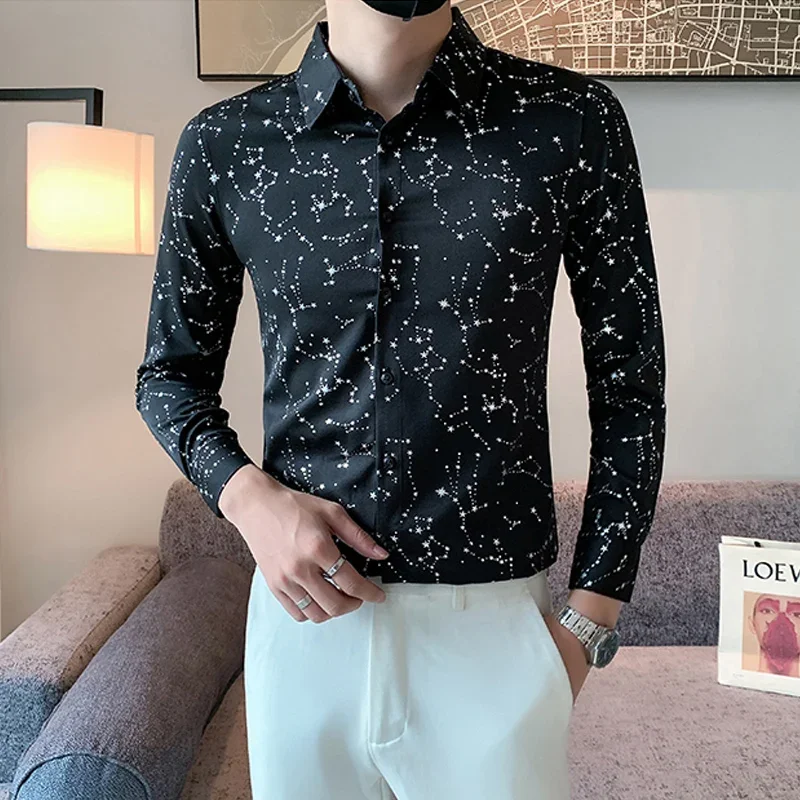 

Luxury Star Polka Dot Printed Bronzing Shirts for Men Autumn Slim Fit Button-Down Long Sleeve Male Shirt Club Party Streetwear