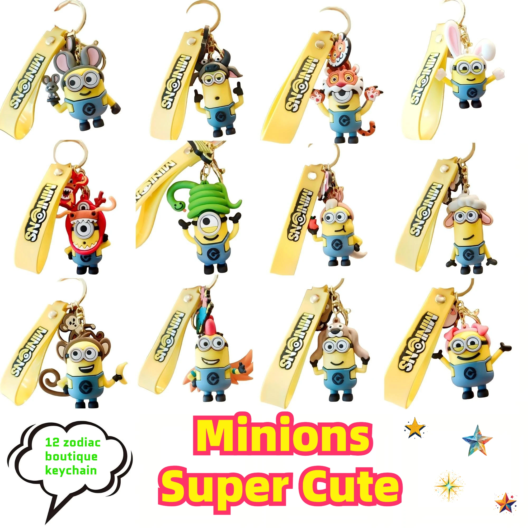 Minions Fans 12 Zodiac Animal Keychain Set, Cute Cartoon Figure Bag Charm, Student Backpack Pendant Key Ring Gift