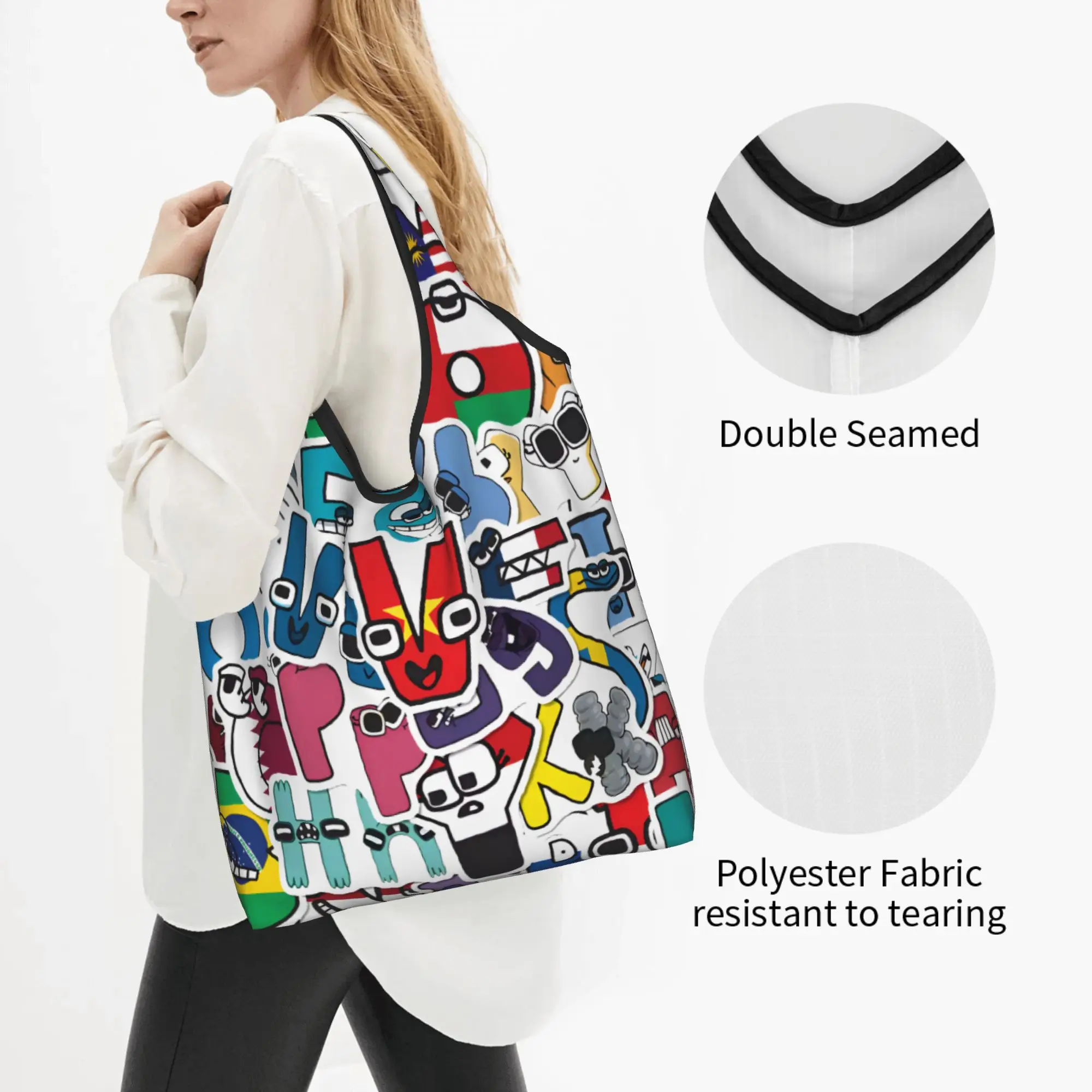 Cute A-Alphabetes Hot Cartoon Shopping Tote Bag Portable Cartoon Grocery Shopper Shoulder Bag