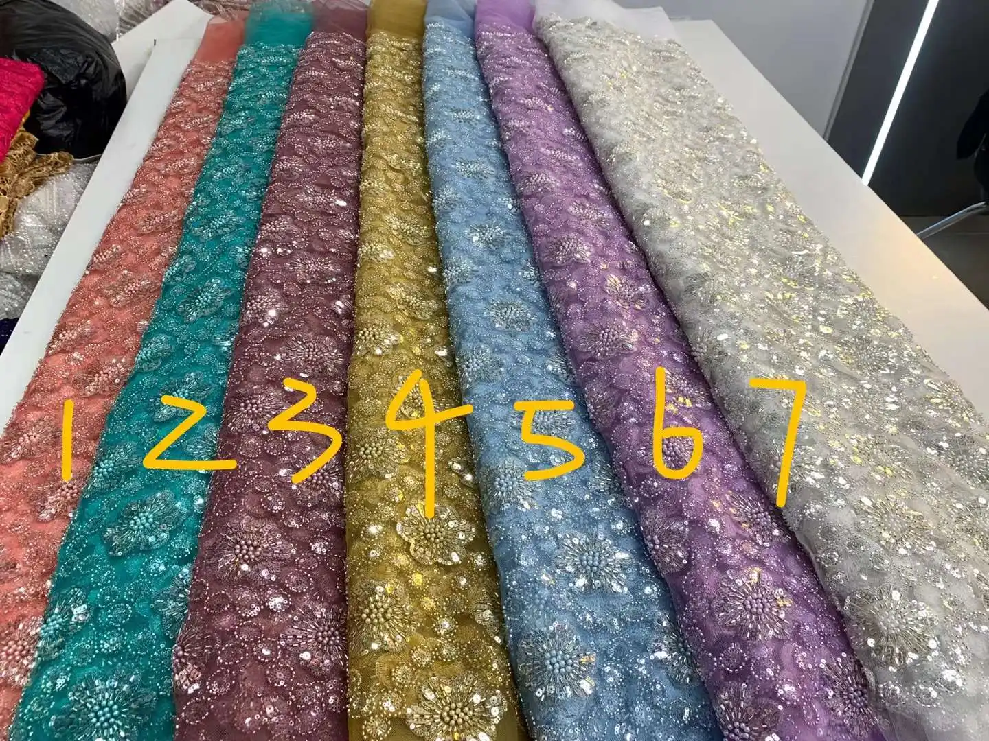 Latest Nigerian Beads Lace Fabric 2023 High Quality Beaded Lace African French Tulle Groom Lace Fabric For Wedding Dress Sewing