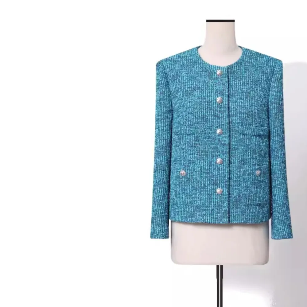 Peacock blue socialite small fragrance casual tweed coat spring/autumn new high-grade coat