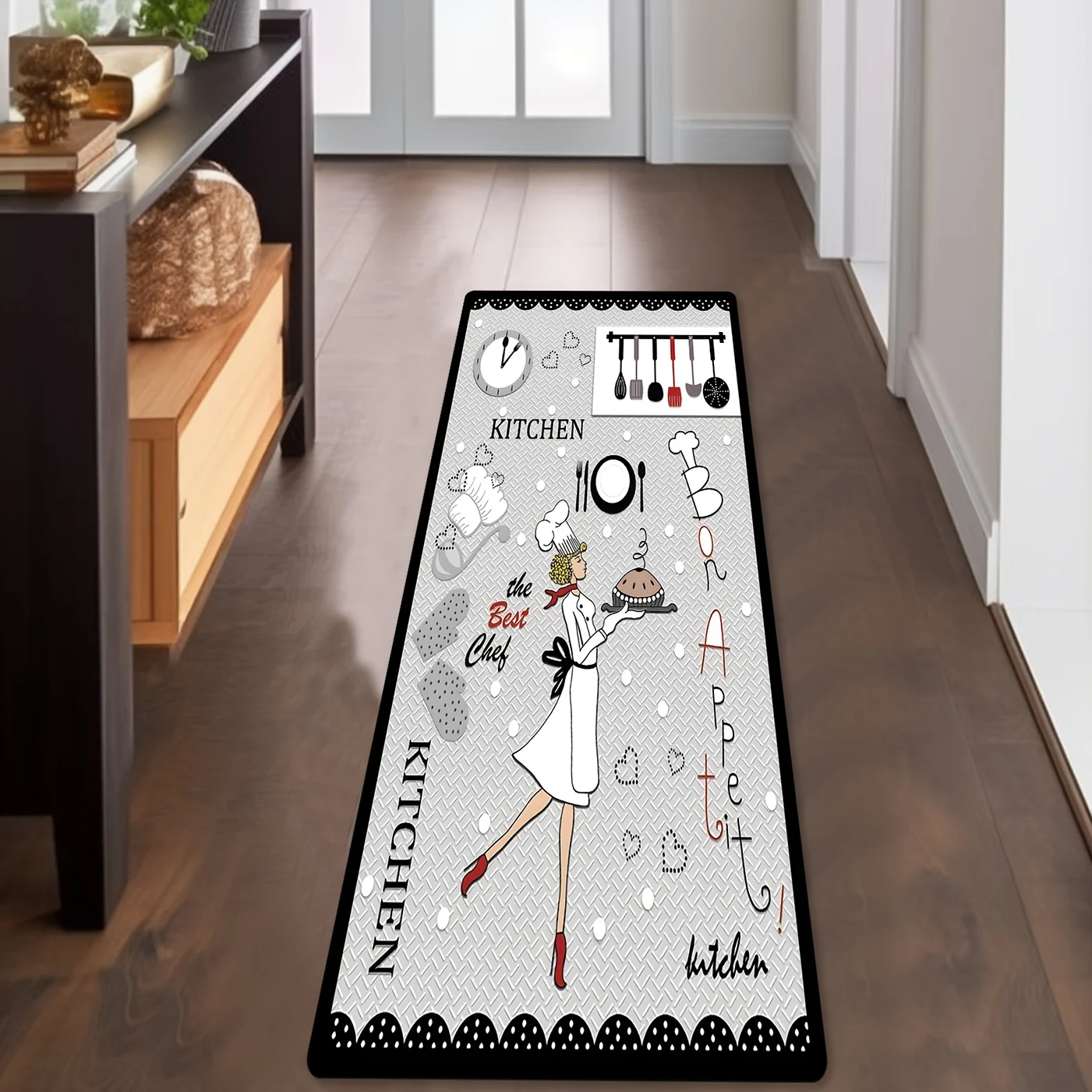 Chef Kitchen Doormat, Cooking Tools Pattern Indoor Non Slip Rug, Washable Living Room Bedroom Floor Carpet