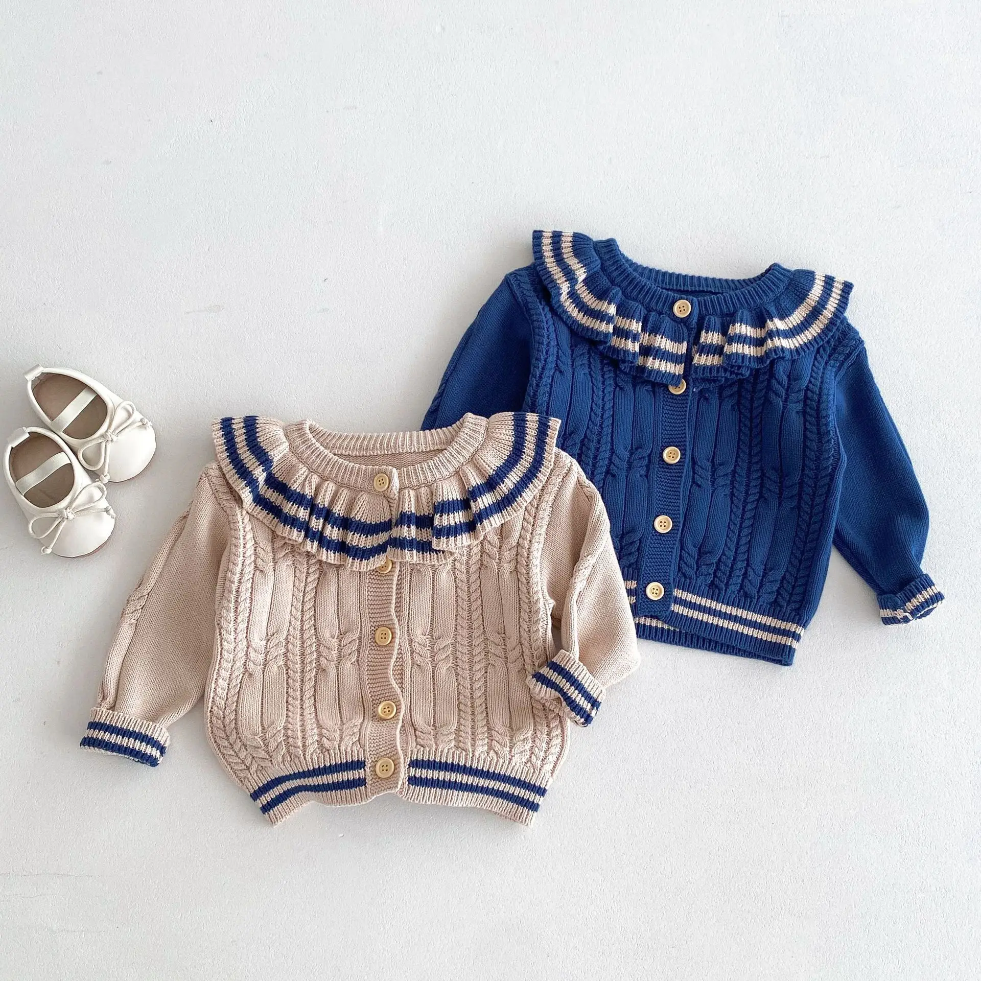 

2024 Autumn New Children Sweater Coat Baby Girls Cute Ruffle Collar Knitted Cardigan Toddler Casual Jacket Kids Striped Knitwear