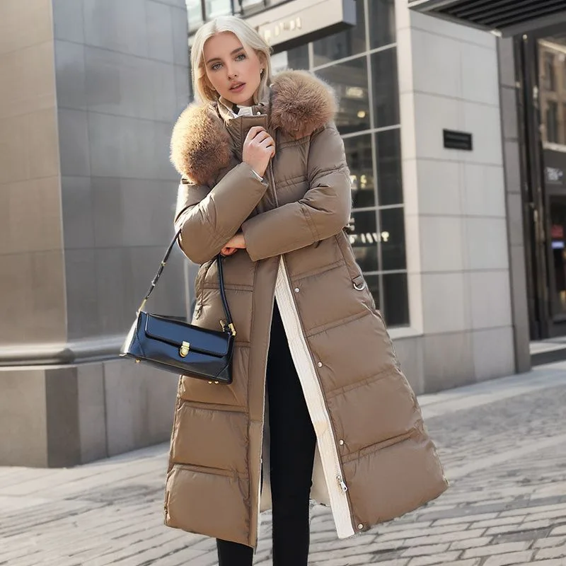KIDCRKJ Women's Winter Parka Jacket Solid Color Faux Fur Trimmed Hood Cinched Waist Coat For Female Long Heavyweight Lady's Coat