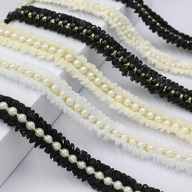 5 Yards Decorative Lace Ribbon with Pearl Beads for Clothing Embellishment and DIY Crafts