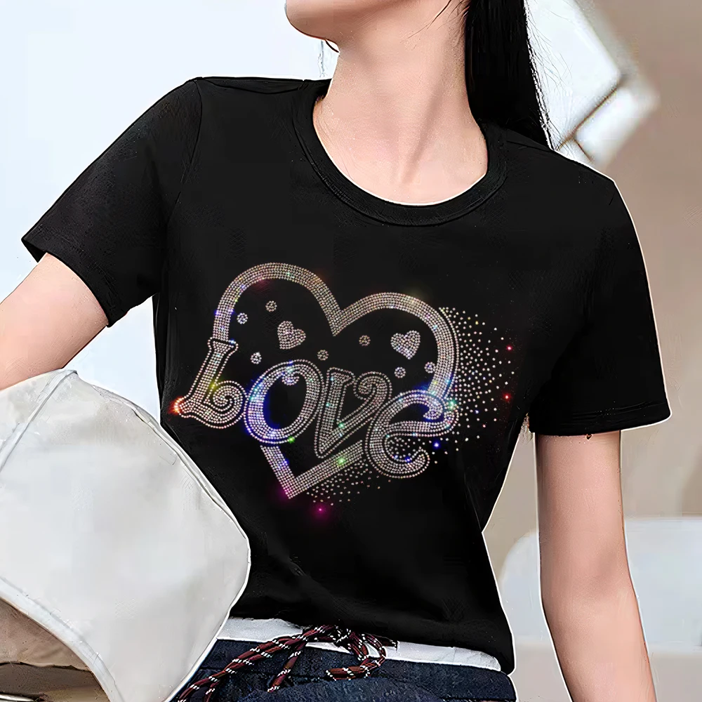 

Women's Shiny Rhinestone T-Shirt Combo Glitter Diamond Print Summer Casual Tee Soft Cotton diamond Ladies TopS-4XL Fast Shipping