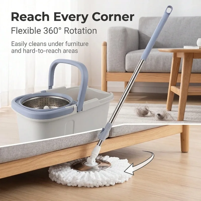 Spin Mop And Bucket Set White Blue Floor Cleaning System With Stainless Steel Basket And Mop Disc 53