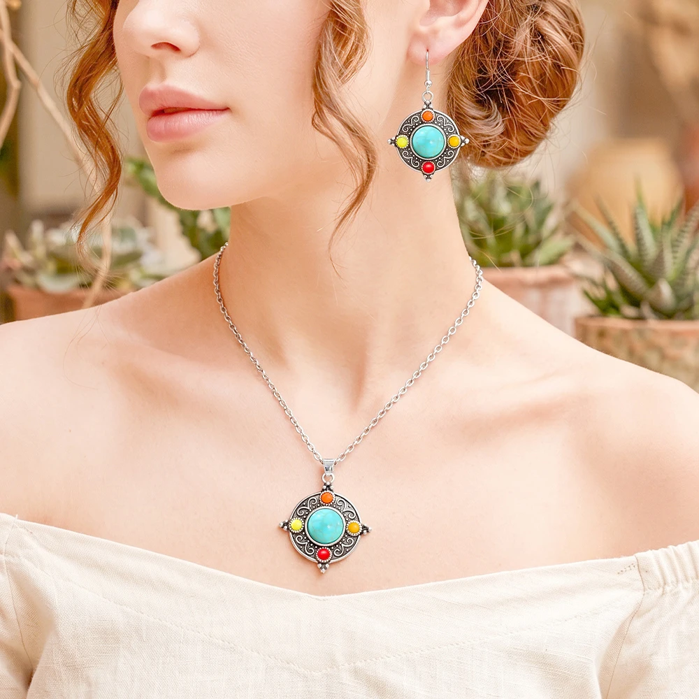 3-Piece Jewelry Set (Earrings & Necklace): Bohemian-Style Faux Turquoise Disc Pendant Set – Vacation-Ready Accessories for Women