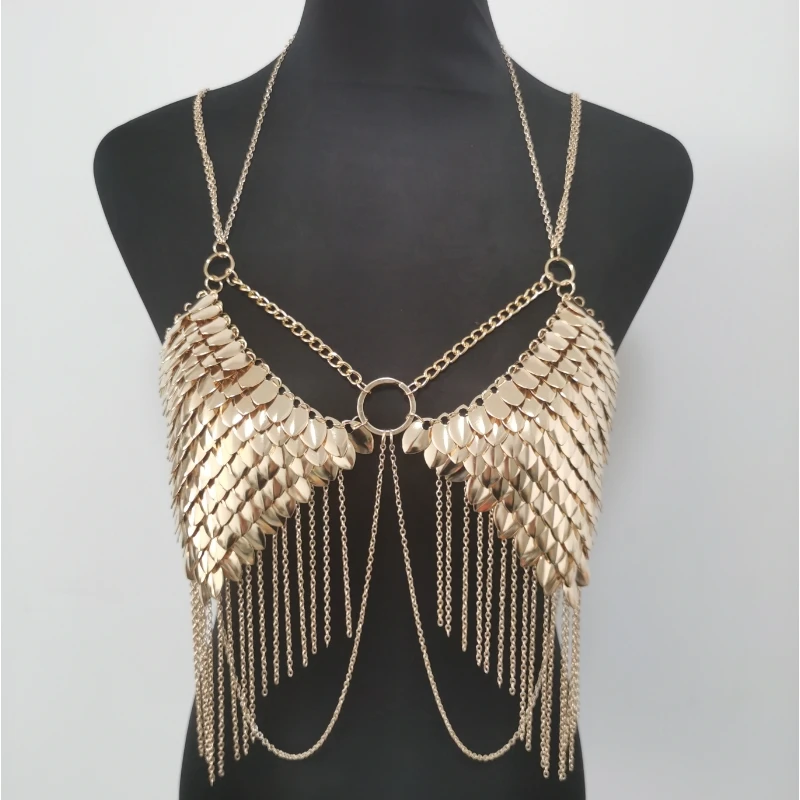 New Fashion RJFS24 Mermaid Gold Fish Scales Bra Chains Layers Chainmail Dragon Scale Bra Jewelry 2 Colors