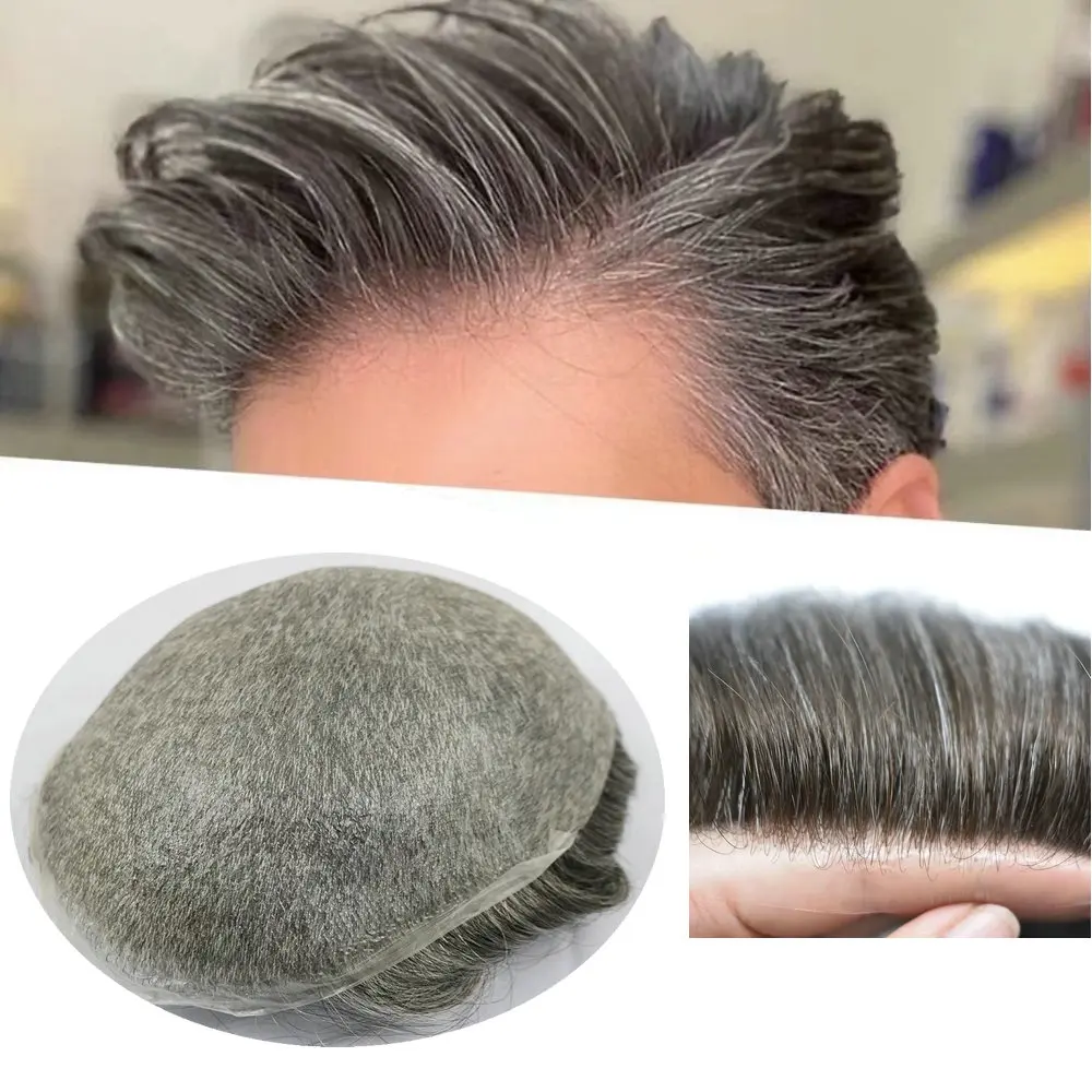 Natural Hairline Grey Toupee para homens, 100% cabelo humano, peruca masculina, pele super fina, 0,02mm, substituições de laço V, sistema de prótese