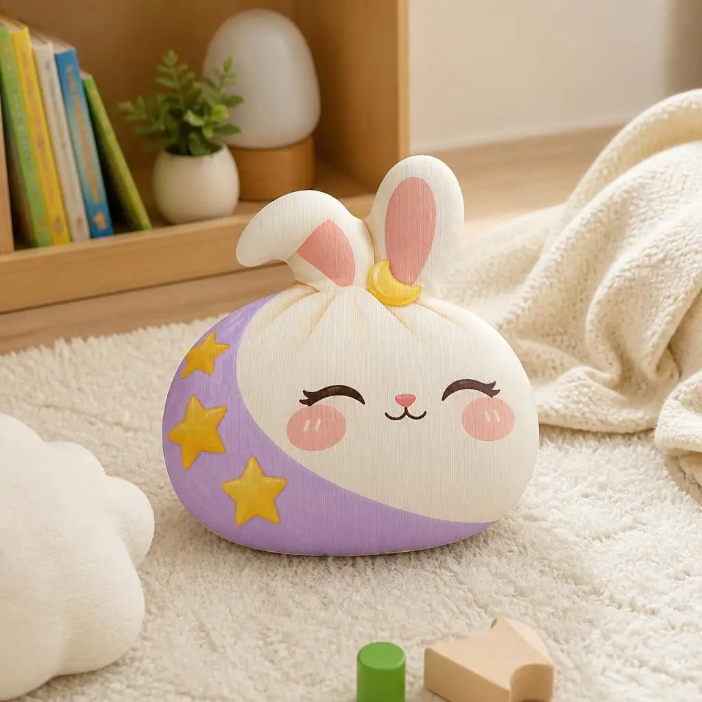 Cute Moon Bunny Plush Pillow Shaped Rabbit Cushion Stuffed Throw Pillow Dreamy Nursery Decor Gift for Kids Bedroom Sofa
