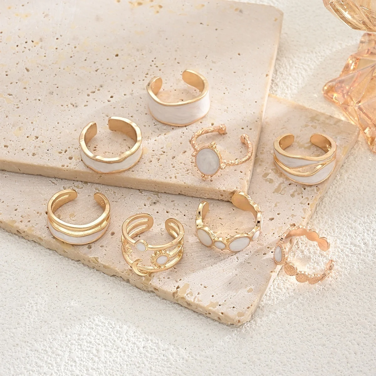Vintage-Set mit unregelmäßigen, barocken, imitierten Perlen-Fingerringen für Damen und Herren, trendiger weißer, geometrischer Ring mit Emaille, Punk-Schmuck – Detail 18