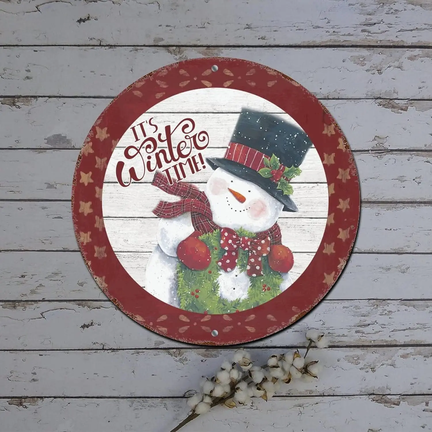 Red Truck Wreath Sign Let It Snow Snowman Star Wood Grain Round Metal Tin Sign Christmas Indoor Decorations Vintage Aluminum Sig