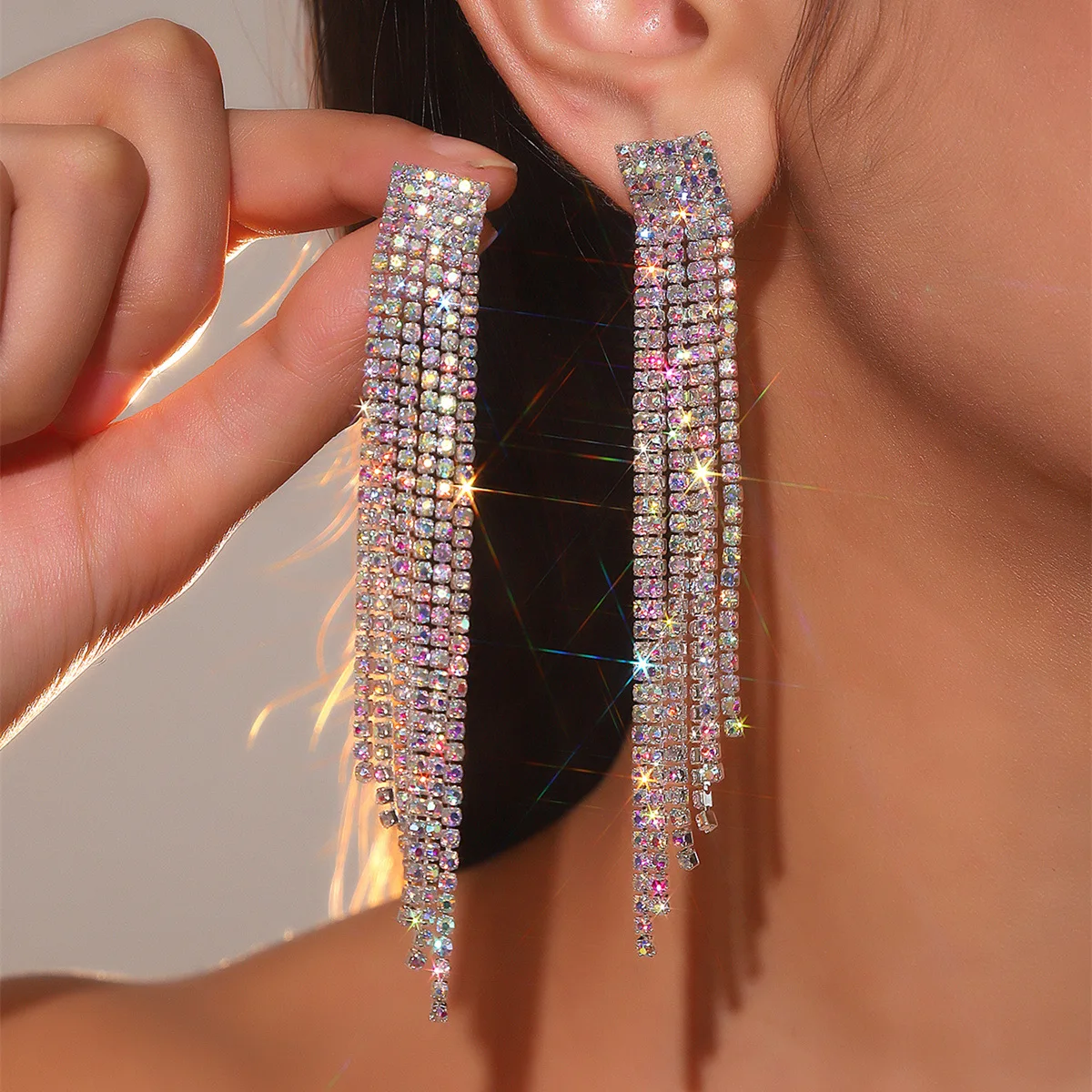 BLIJERY Sparkly multicolor rhinestone tassels long drop dangle earring ladies crystal wedding earrings for women party gift