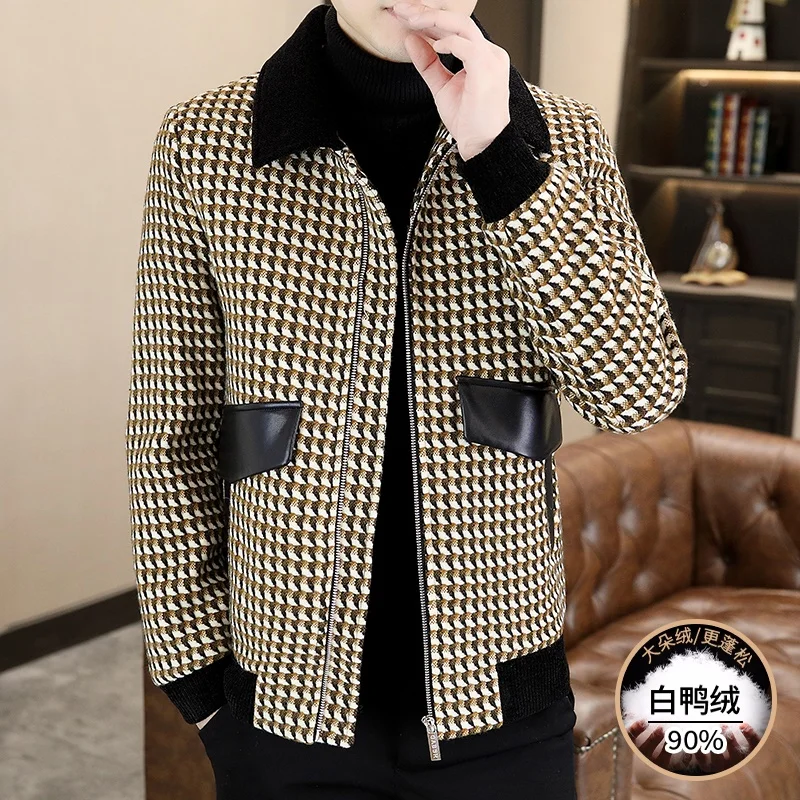 

New Men's Plaid White Duck Down Woolen Coats For 2023 Autumn Winter Slim Thick Short Wool Puffer Jacket Streetwear Warm Overcoat