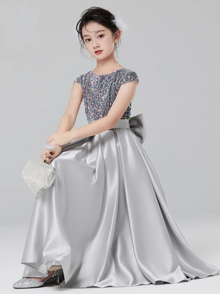 

Girls First Communion Dress Sliver Children Pageant Ball Gown Girl Flower Wedding Sequin Dresses for Piano Performance Vestidos