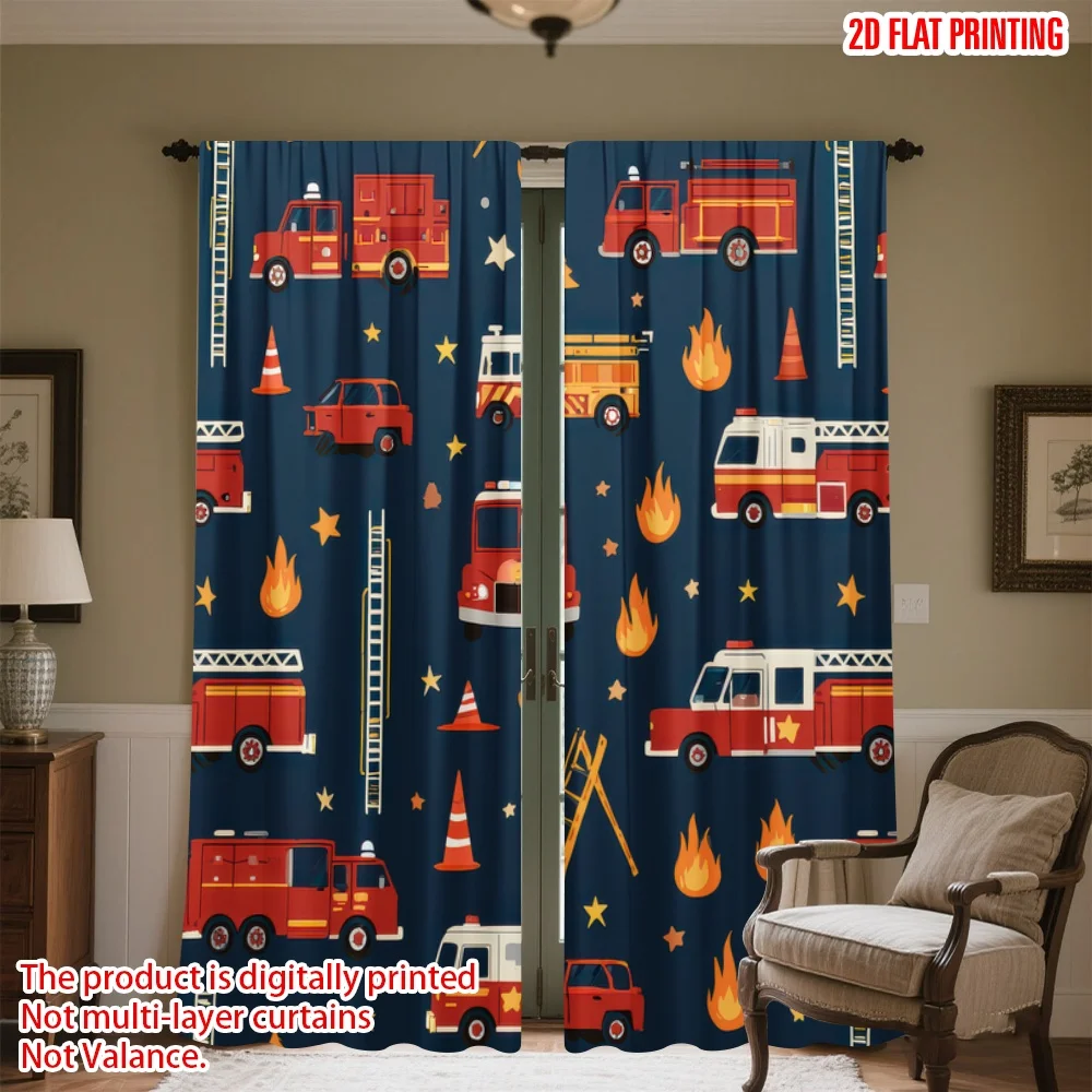 

2D flat printing 2pcs Scene Curtain Fire Trucks and Flames Digital Printed Polyester Drapes Birthday Party Perfect for Indoor
