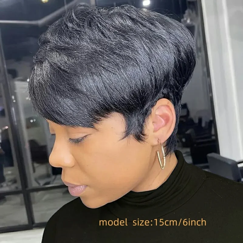 짧은 픽시컷 스트레이트 밥 100% 인모 앞머리 가발