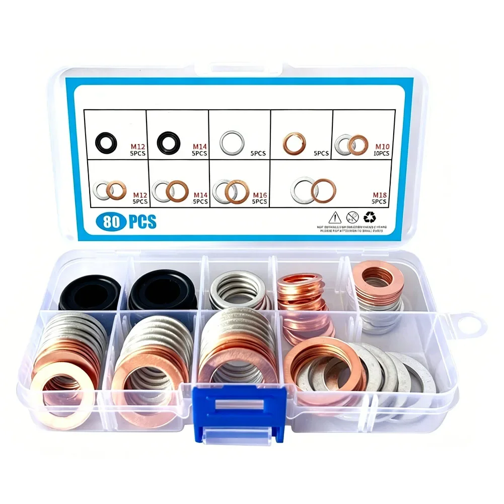 80PCS Automotive Drain Washer Gasket Set, Flat Ring Seal Assortment For Oil Change Rubber And Steel Sump Sealing Screws Fastener