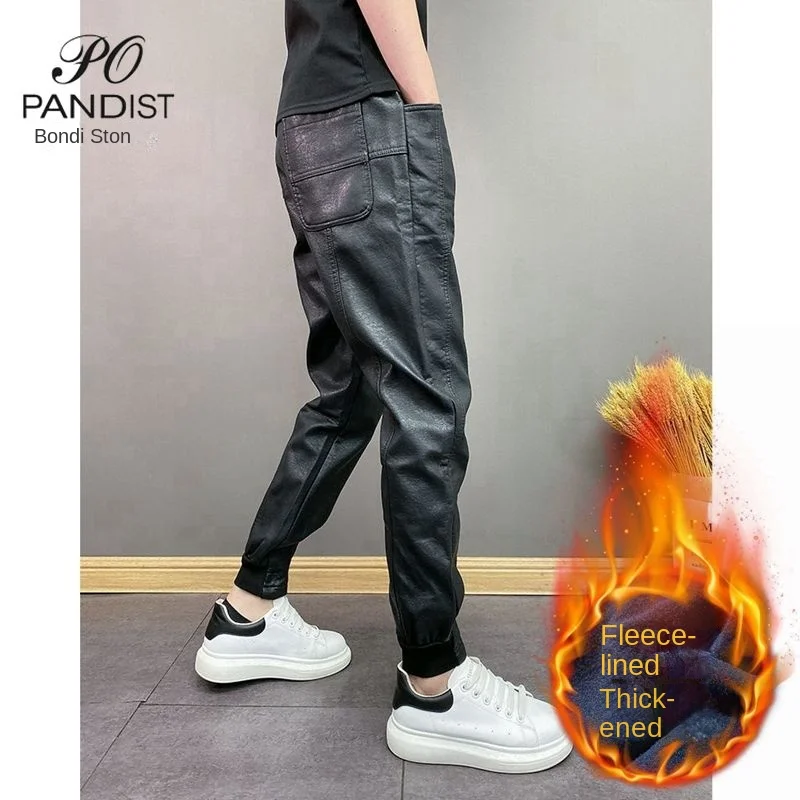 Fashion Elastic Waist Casual Pants for Men with Fleece Windproof and Warm Heat Autumn Winter Trousers Black Pu Leather Pants Men