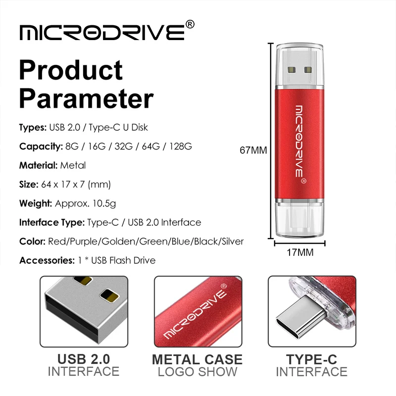 محرك أقراص OTG 2 في 1 مع USB-C 8G 16GB 32GB 64GB Flash Usb Memory Stick Flash Pendrive 128GB 256G 512G U قرص القلم مع نوع C