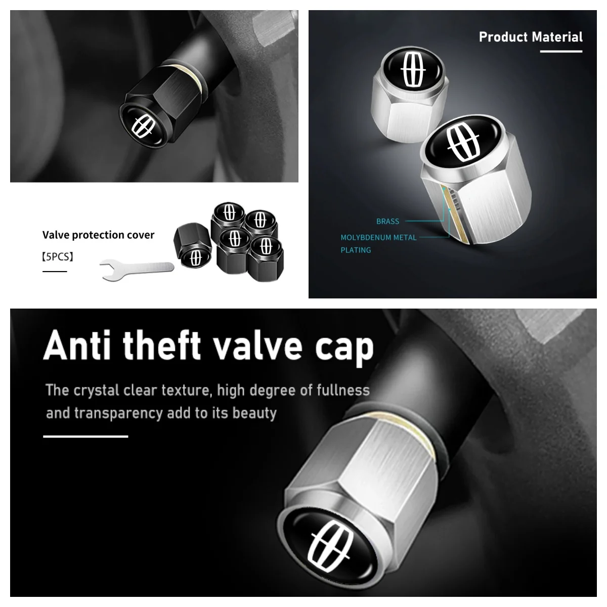 5Pcs Anti‑Theft Car Tire Valve Stem Caps Metal Wheel Air Valve Covers For Lincoln Nautilus Aviator Corsair MKZ Navigator Auto Ac