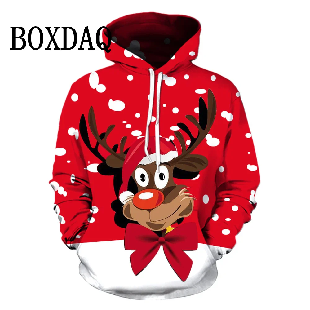 Autumn Winter Hoodie For Women New Year Party Clothes Christmas Elk Fun 3D Printed Pullover Sweatshirts Casual Pockets Loose Top