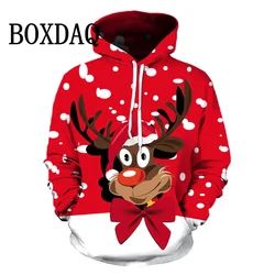 Autumn Winter Hoodie For Women New Year Party Clothes Christmas Elk Fun 3D Printed Pullover Sweatshirts Casual Pockets Loose Top