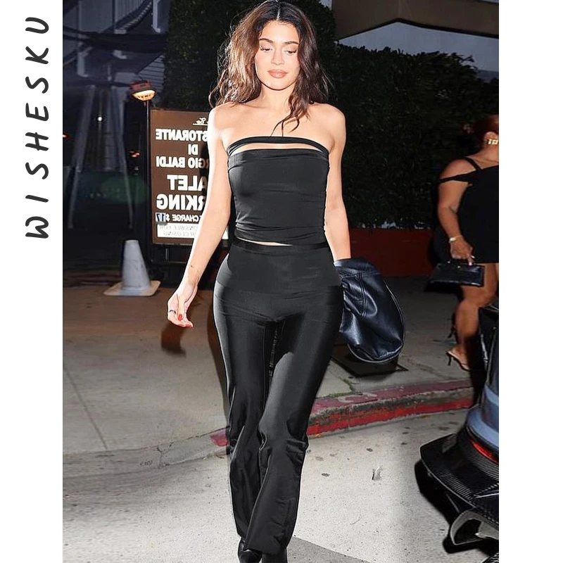 Two Piece Set Women Tracksuits Sexy Strapless Bandage Corset Crop Top+High Waist Slim Flare Pants Outfit 2024 Summer Y2K Clothes