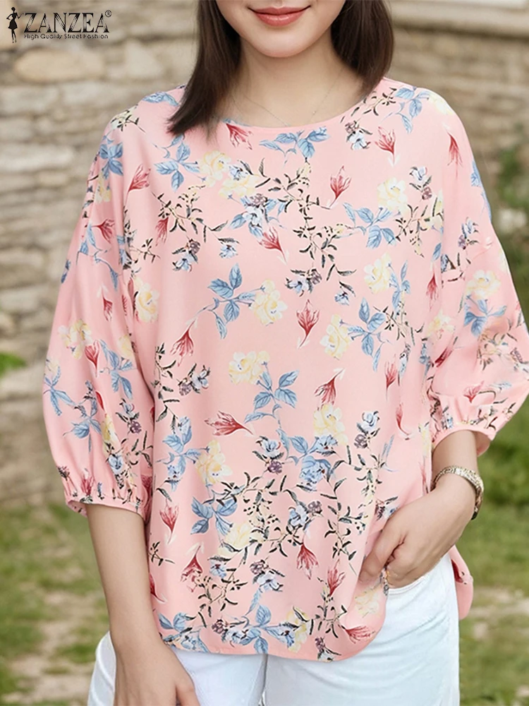 2025 ZANZEA Women Autumn Floral Printed Blouses Bohemain Shirt Elegant 3/4 Lantern Sleeve Work Tops Casual O Neck Loose Blusas