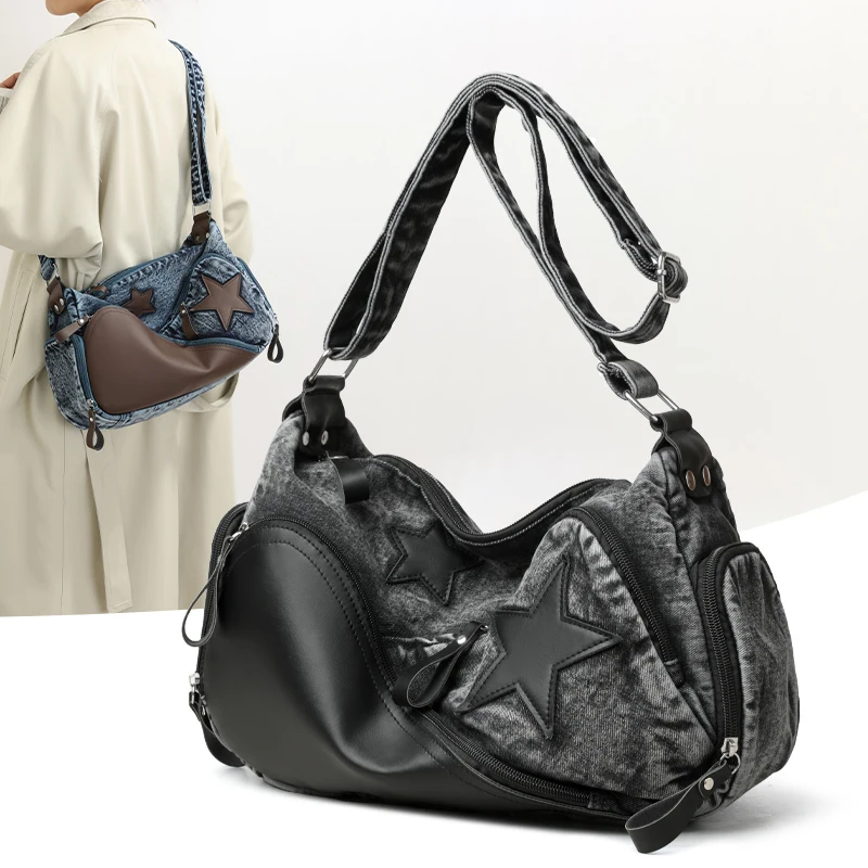 

2026 Новая модная женская джинсовая сумка на плечо, большая вместительная сумка-тоут, шикарная сумка через плечо для девочек, повседневное использование, повседневная мода для поездок на работу