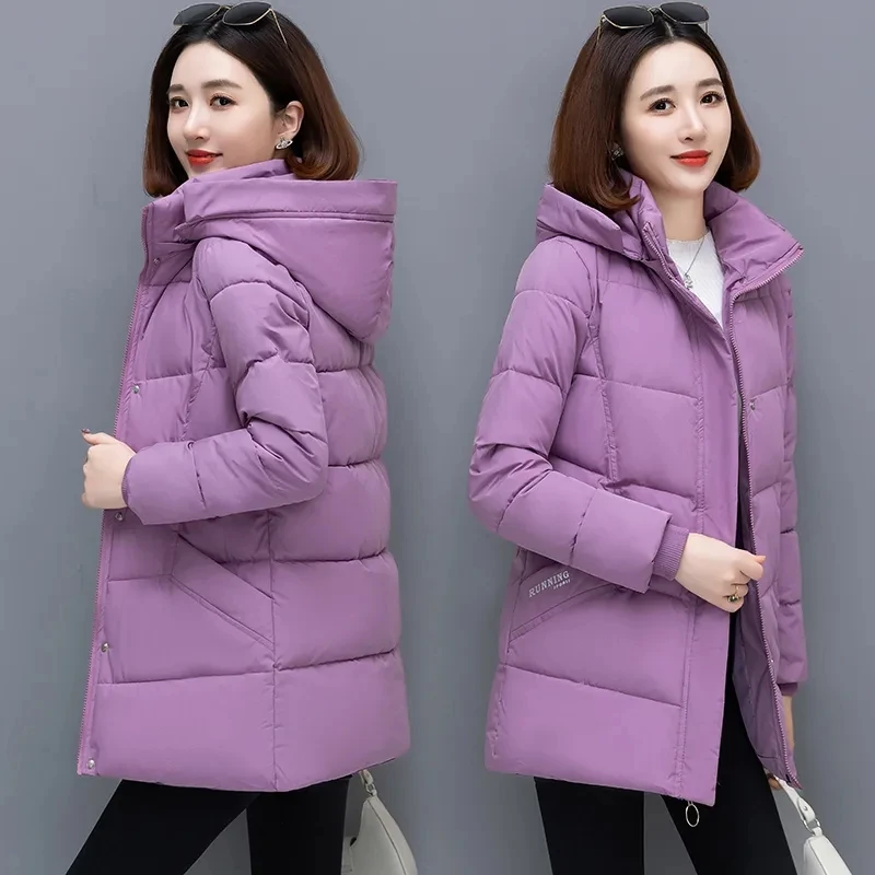 Winter Women's Detachable Hat Jacket Mid Length Straight Fit 2023 New Black Style Thickened Cotton Coat Female Large Warm Parkas