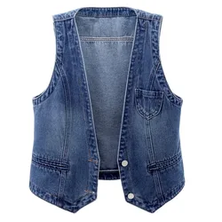 Women Vintage Denim Waistcoat Jacket 2026 Spring New Female Short Slim Sleeveless Coat Vest 6XL Single Breasted Solid Casual Top