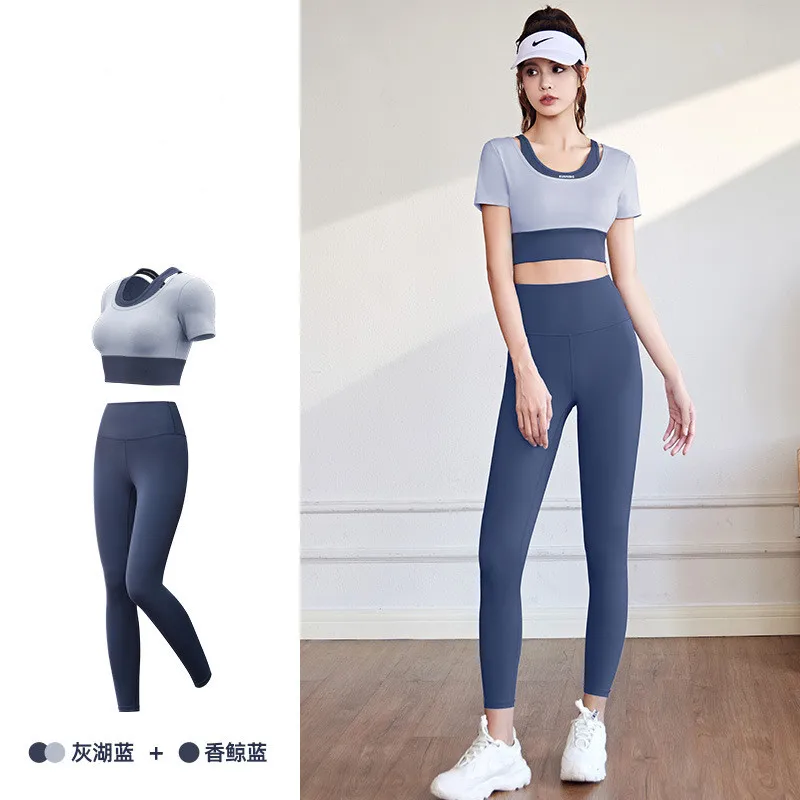 Chest Pad T Shirt+Leggings Women Yoga Two Piece Set Quick Dry Fitness Gym Crop Top Tracksuits Sportswear Running Clothing