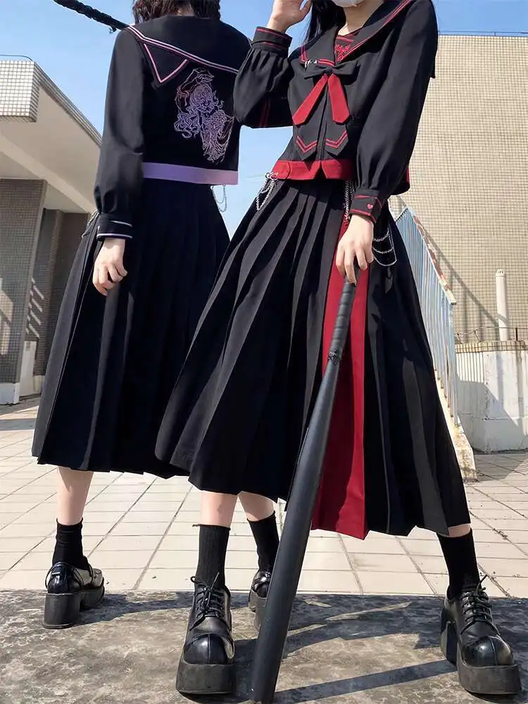 Jk 유니폼 정장 여름 의류 Hottie Sailor 유니폼 Dark Bad 짧고 긴 치마 Cos Cosplay 보라색 빨간색 티셔츠 긴 소매