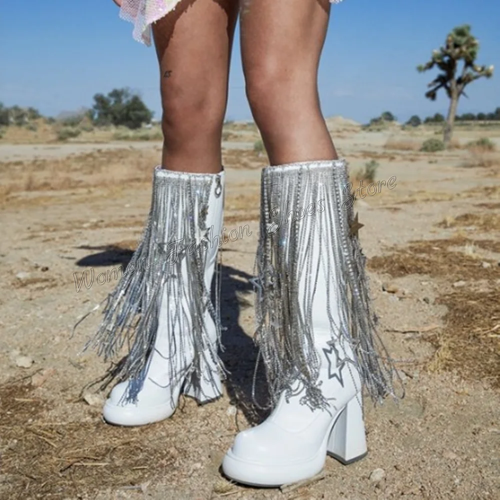 Botas de decoração de plataforma branca para mulheres, sapatos de salto alto, salto alto robusto, dedo do pé redondo, novo, 2022